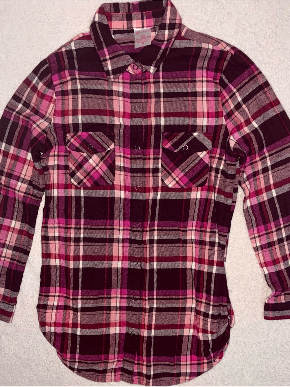 No Boundaries Girls' Pink and Burgundy Plaid Button-Down Shirt